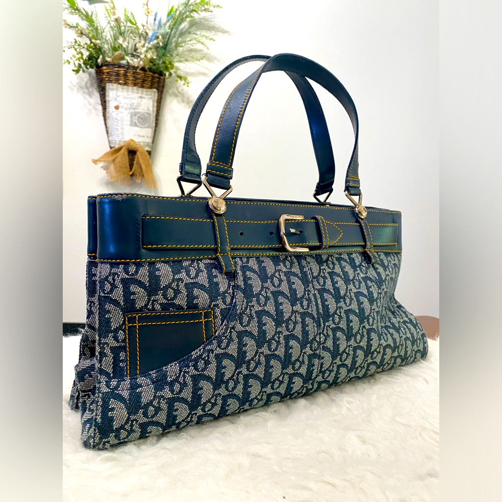 【ヴィンテージ】Rank:B☆Dior BLUE Oblique バービー MIDI BAG Christian Dior Oblique Jacquard Bobby Bag Blue